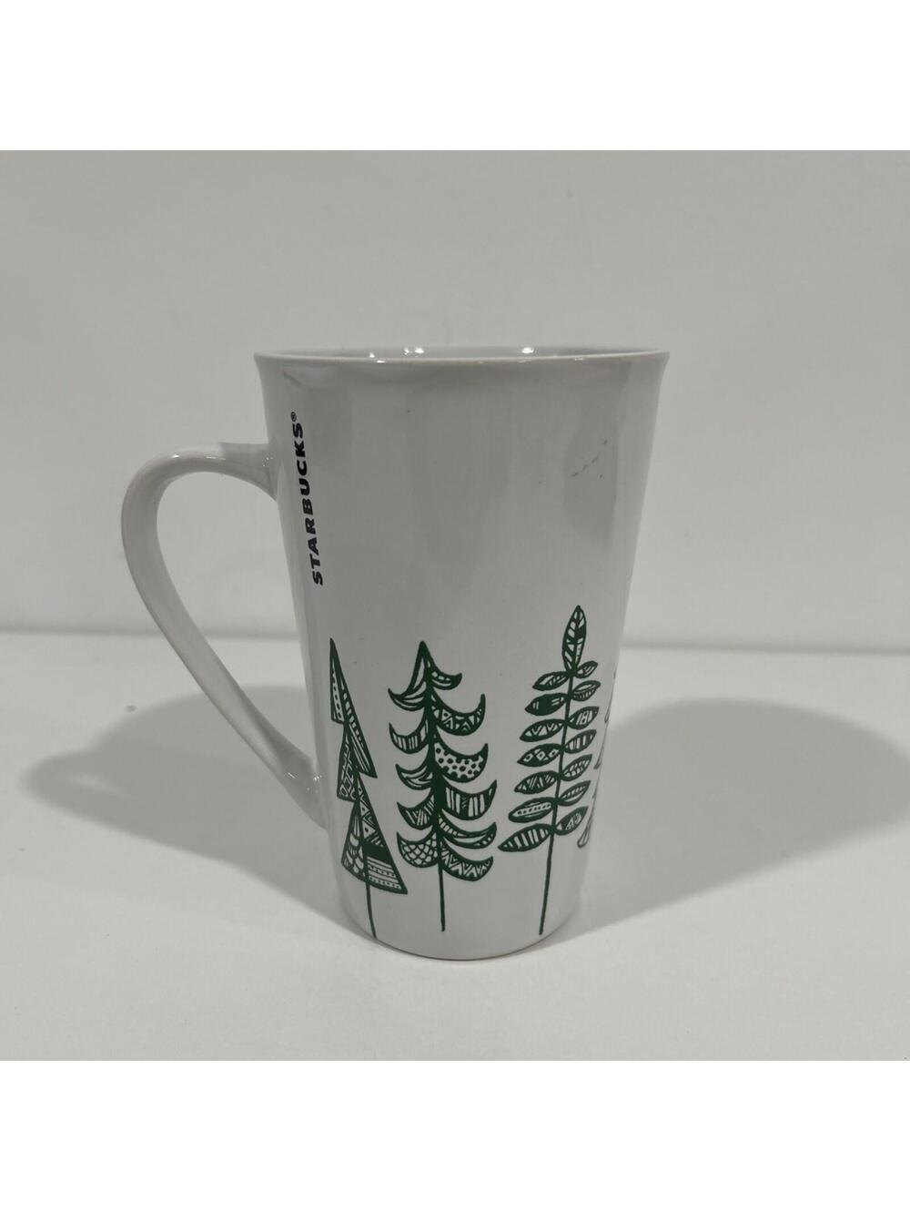 2015 Starbucks Tall White Mug Green Christmas Trees Holiday Coffee Cup